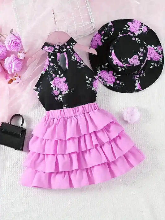 Girls Floral Halter Top, Skirt & Hat – 3PC Summer Set | Adorable Kids Outfit