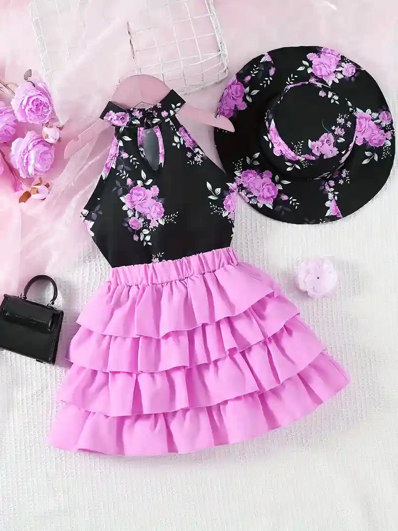 Girls Floral Halter Top, Skirt & Hat – 3PC Summer Set | Adorable Kids Outfit