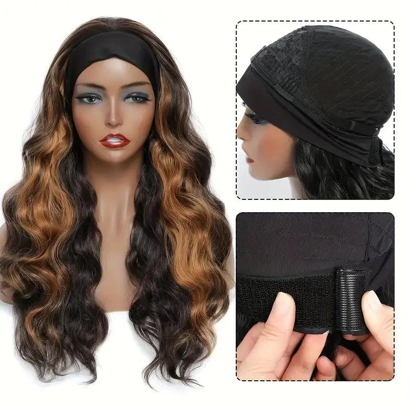 26inch Elegant Black with Brown Blonde Highlights Synthetic Wig