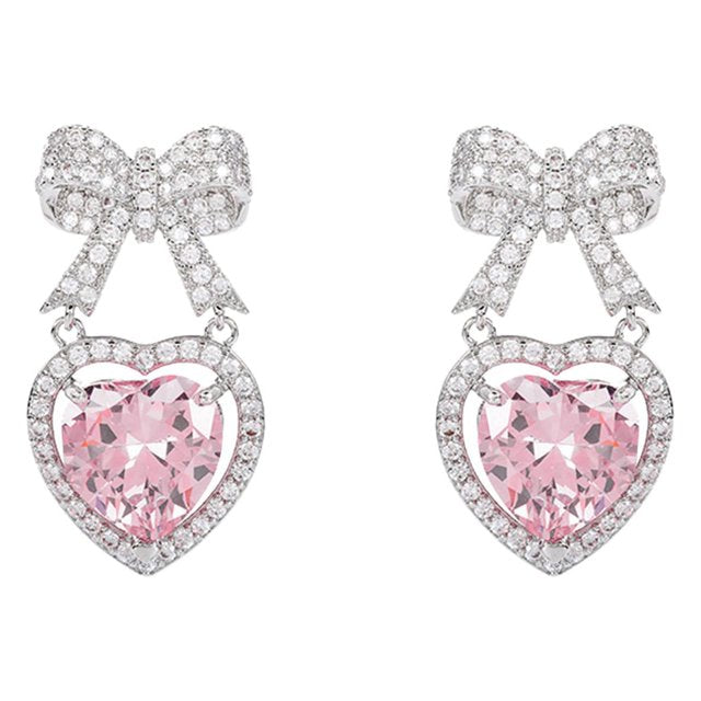 Women Pink Crystal Heart Dangle Earrings