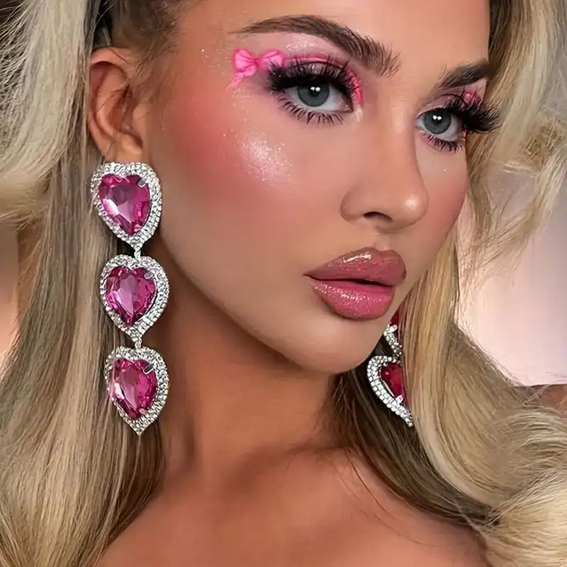 Pink Heart Crystal Drop Earrings - Sparkly Rhinestone Studs for Women