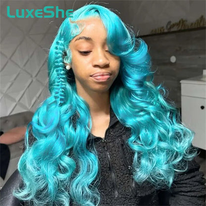 Light Blue Green Long Body Wave Lace Front Wig