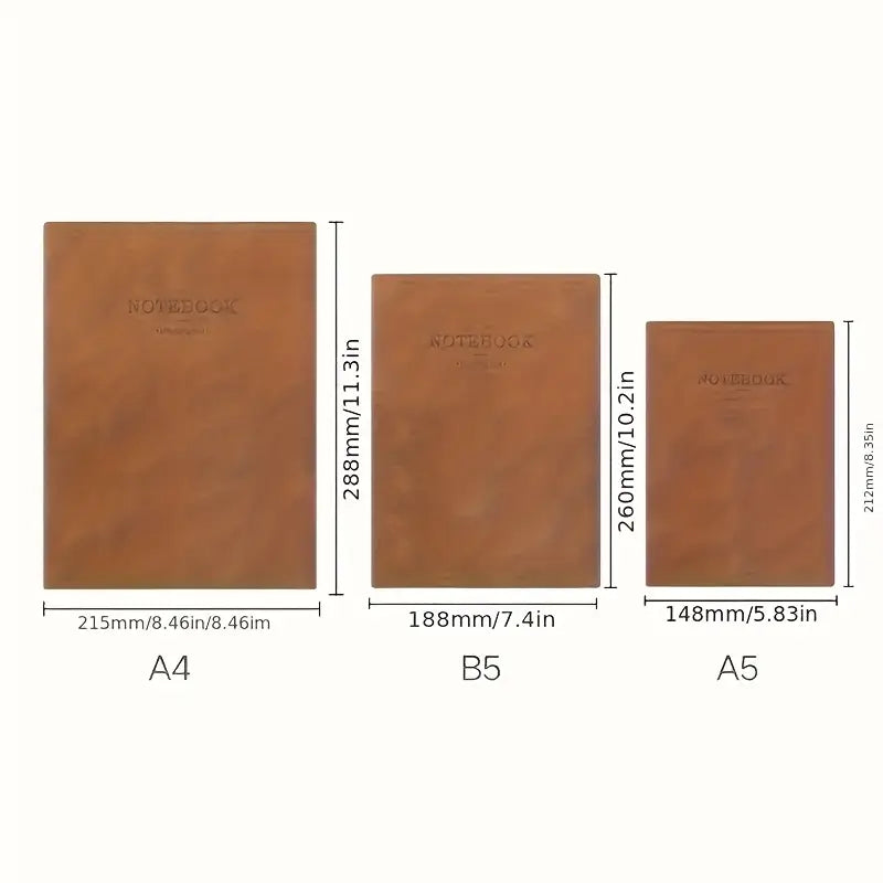 Three brown notebooks labeled A4, B5, and A5 with dimensions displayed below each.