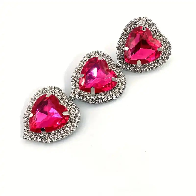 Pink Heart Crystal Drop Earrings - Sparkly Rhinestone Studs for Women