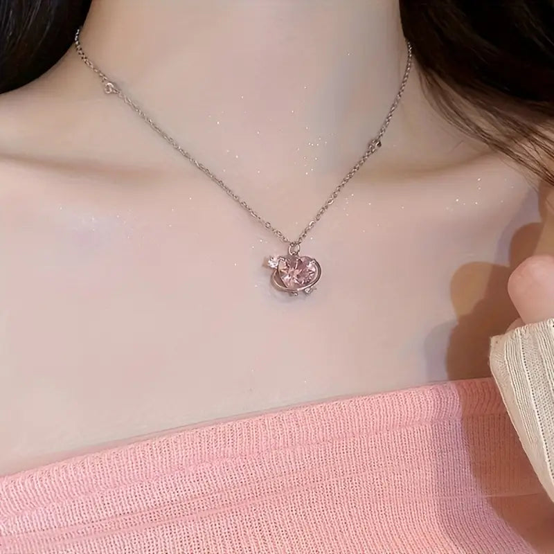 Cute Heart Planet Pendant Necklace, Sparkling Clavicle Chain