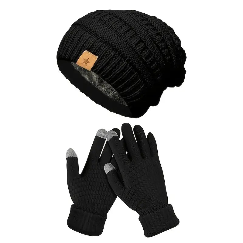 Men's Warm Fleece-Lined Knit Beanie and Gloves Set - Cozy Winter Accessories