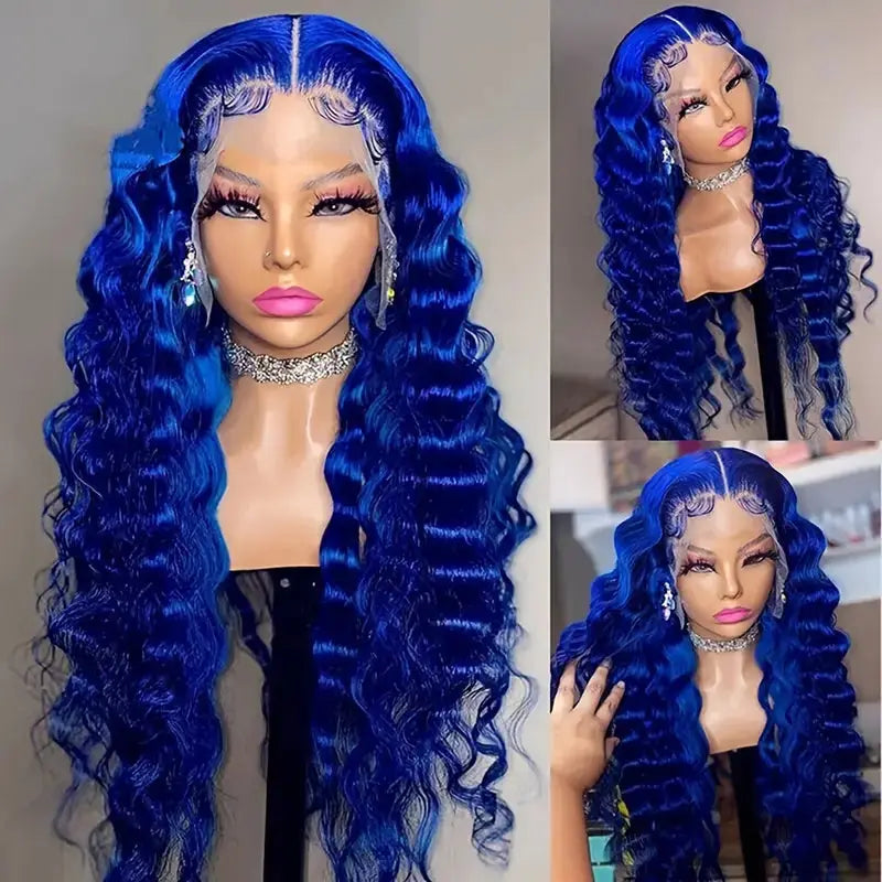 24" Blue Deep Wave Lace Front Wig – Glueless & Ready