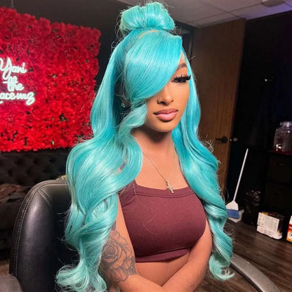 Light Blue Green Long Body Wave Lace Front Wig