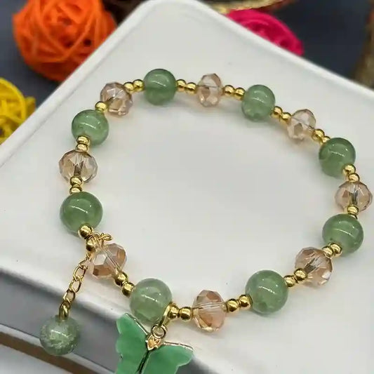 Cute Butterfly Glass Bead Bracelet – Pink & Clear Beads with Golden Spacers