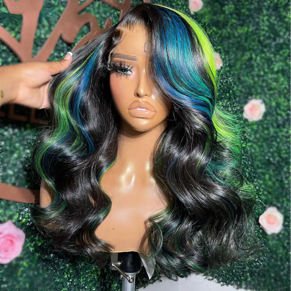 24inch Green & Blue Highlight  Lace Front Brazilian Body Wave Wig