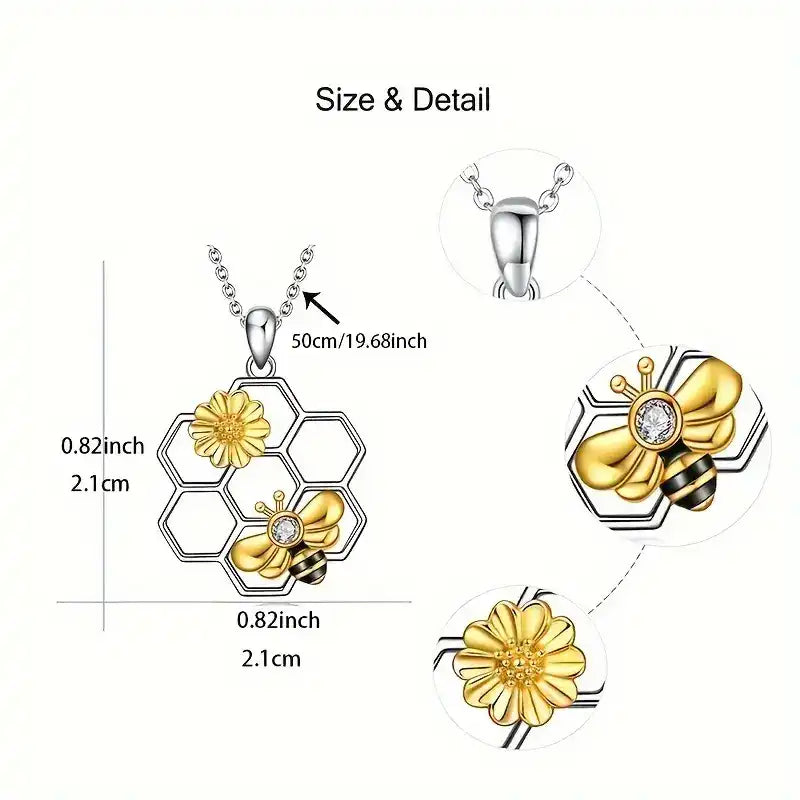 Bee & Sunflower Honeycomb Pendant – Minimalist White K-Plated Alloy Necklace