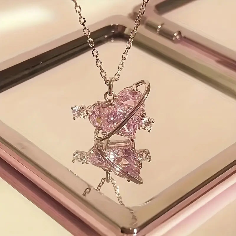Cute Heart Planet Pendant Necklace, Sparkling Clavicle Chain