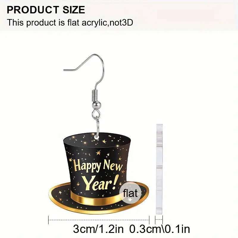 2025 Happy New Year Black Top Hat Acrylic Earrings for Women - Festive & Stylish