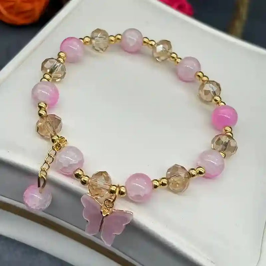 Cute Butterfly Glass Bead Bracelet – Pink & Clear Beads with Golden Spacers