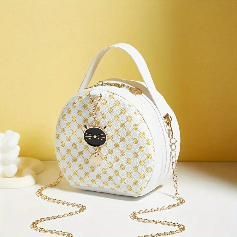 Vintage Cat Pattern Messenger Bag – Faux Leather Crossbody White