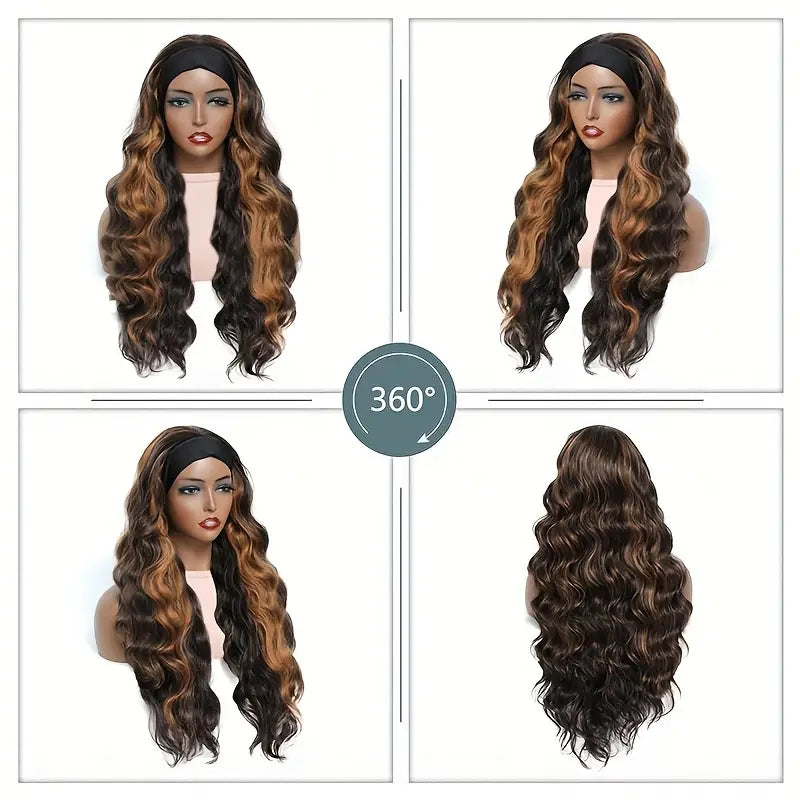26inch Elegant Black with Brown Blonde Highlights Synthetic Wig
