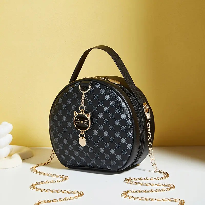 Vintage Cat Pattern Messenger Bag – Faux Leather Crossbody Black