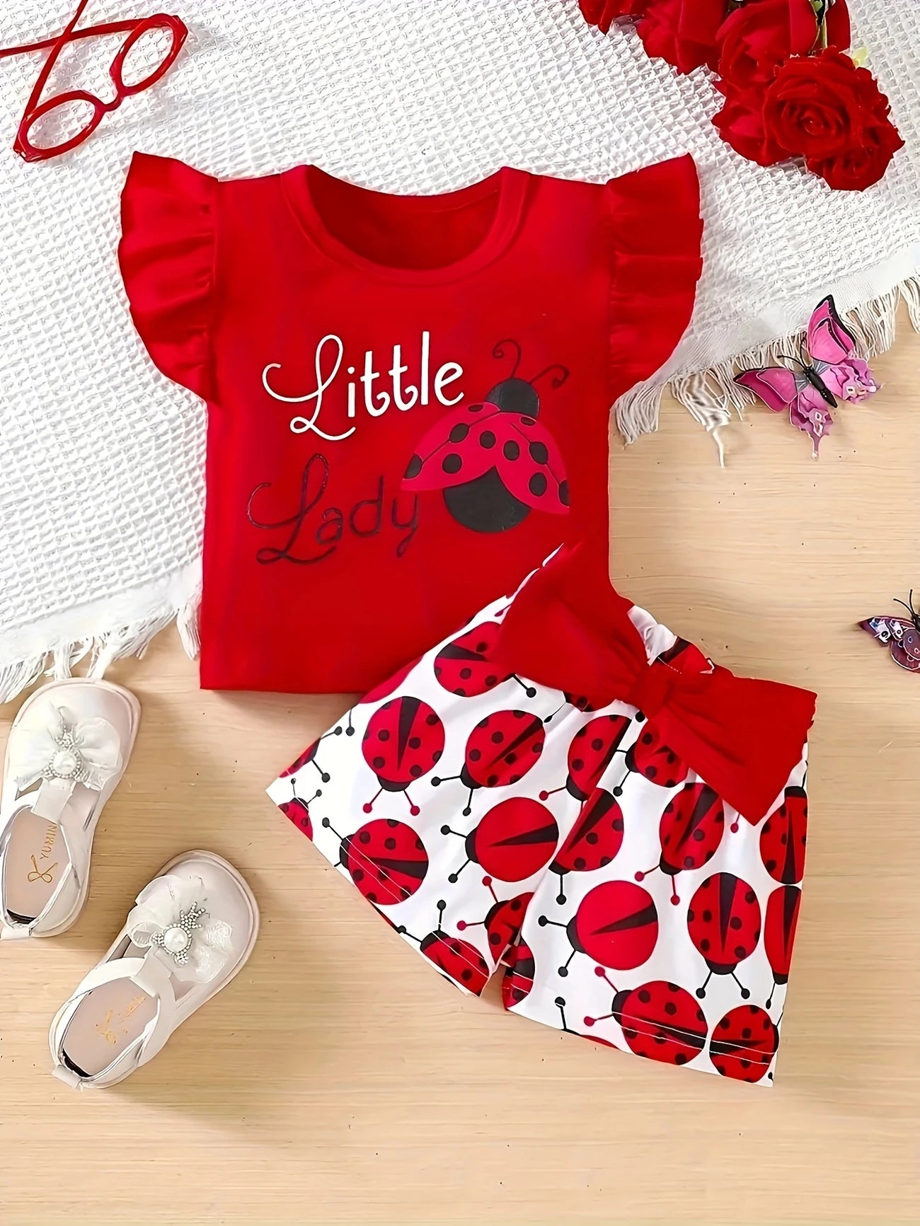 baby-girl-ruffle-sleeve-graphic-tee-ladybug-bow-shorts-set-cute-summer-outdoor-outfit