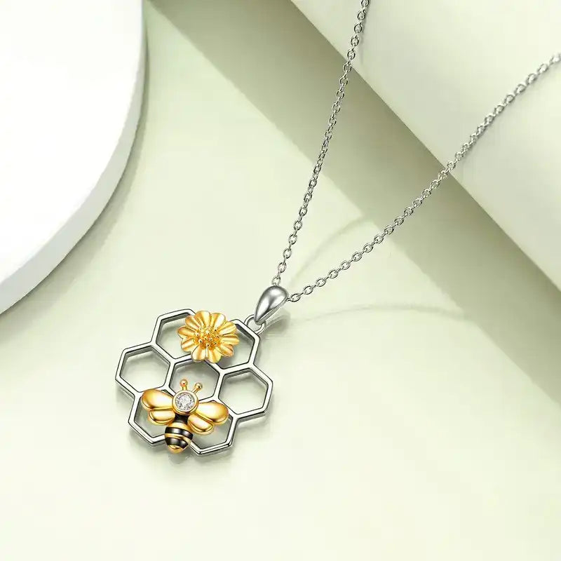 Bee & Sunflower Honeycomb Pendant – Minimalist White K-Plated Alloy Necklace