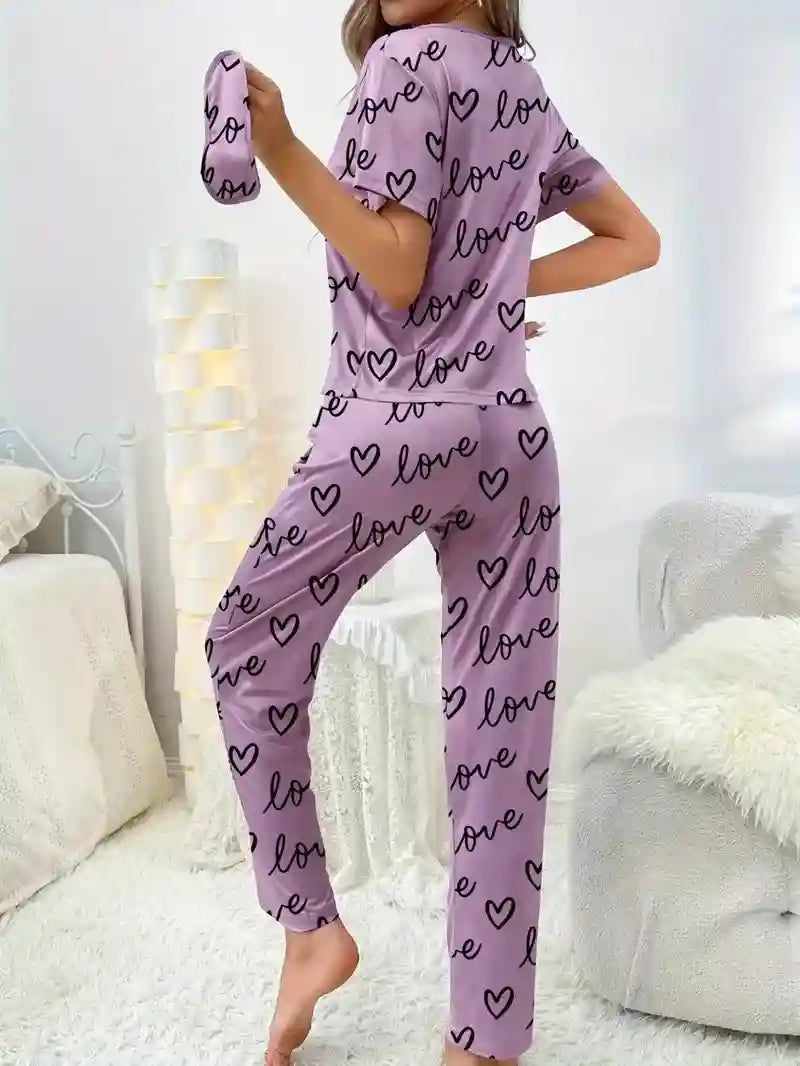 Women's Heart Print Pajama Set w/ Eye Mask - Rose Red