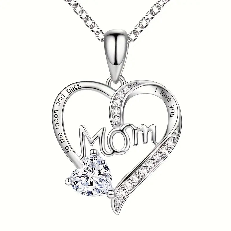 Mom Colorful Rhinestone Heart-Shaped Pendant Necklace White