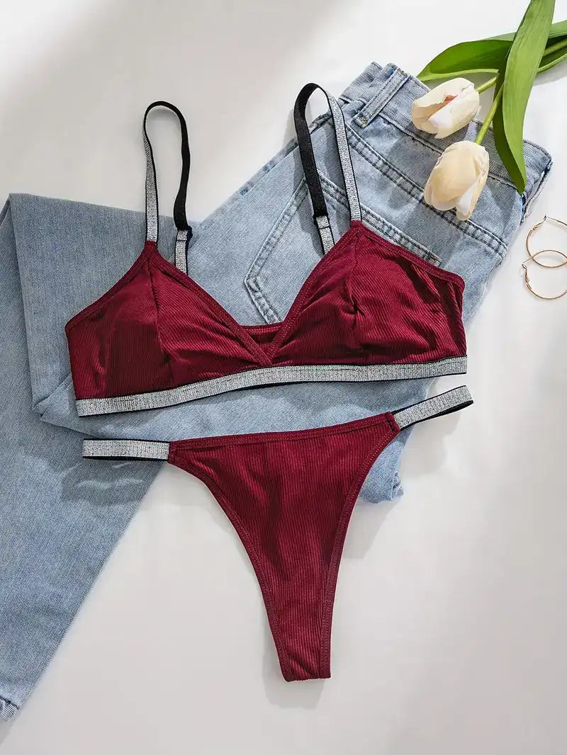 Burgundy Velvet Bra Set – Winter Lingerie with Lettering Detail