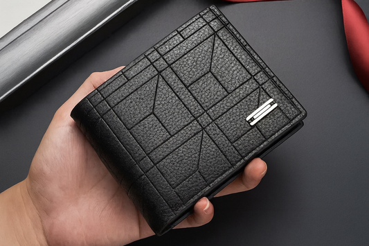 Large Capacity Black Faux Leather Wallet - Hand Held Front View with Geometric Pattern