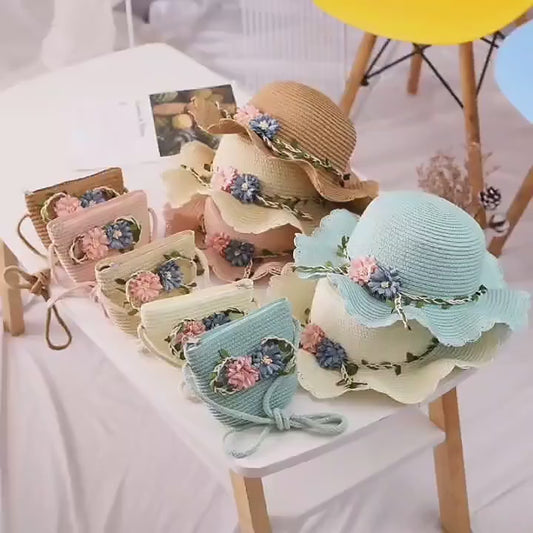 2-Piece Floral Lace Sun Hat & Straw Bag Set