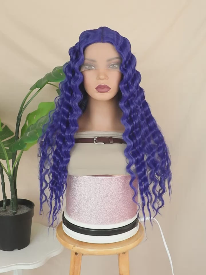 24" Blue Deep Wave Lace Front Wig – Glueless & Ready